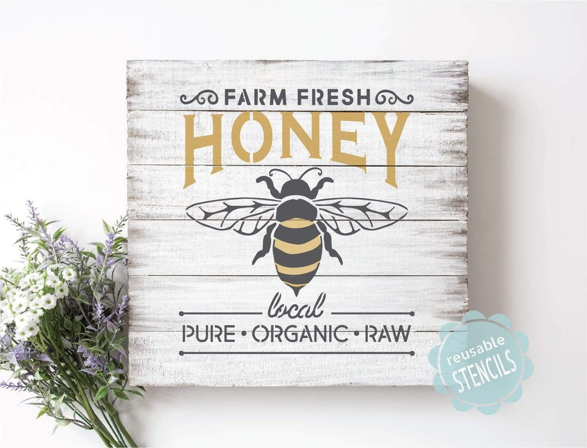 Bumble & Co Local Honey Stencil with Bee by StudioR12 DIY Rustic Farm Home Decor Craft & Paint Farmhouse Wood Signs Select Size 18 x 18 inch