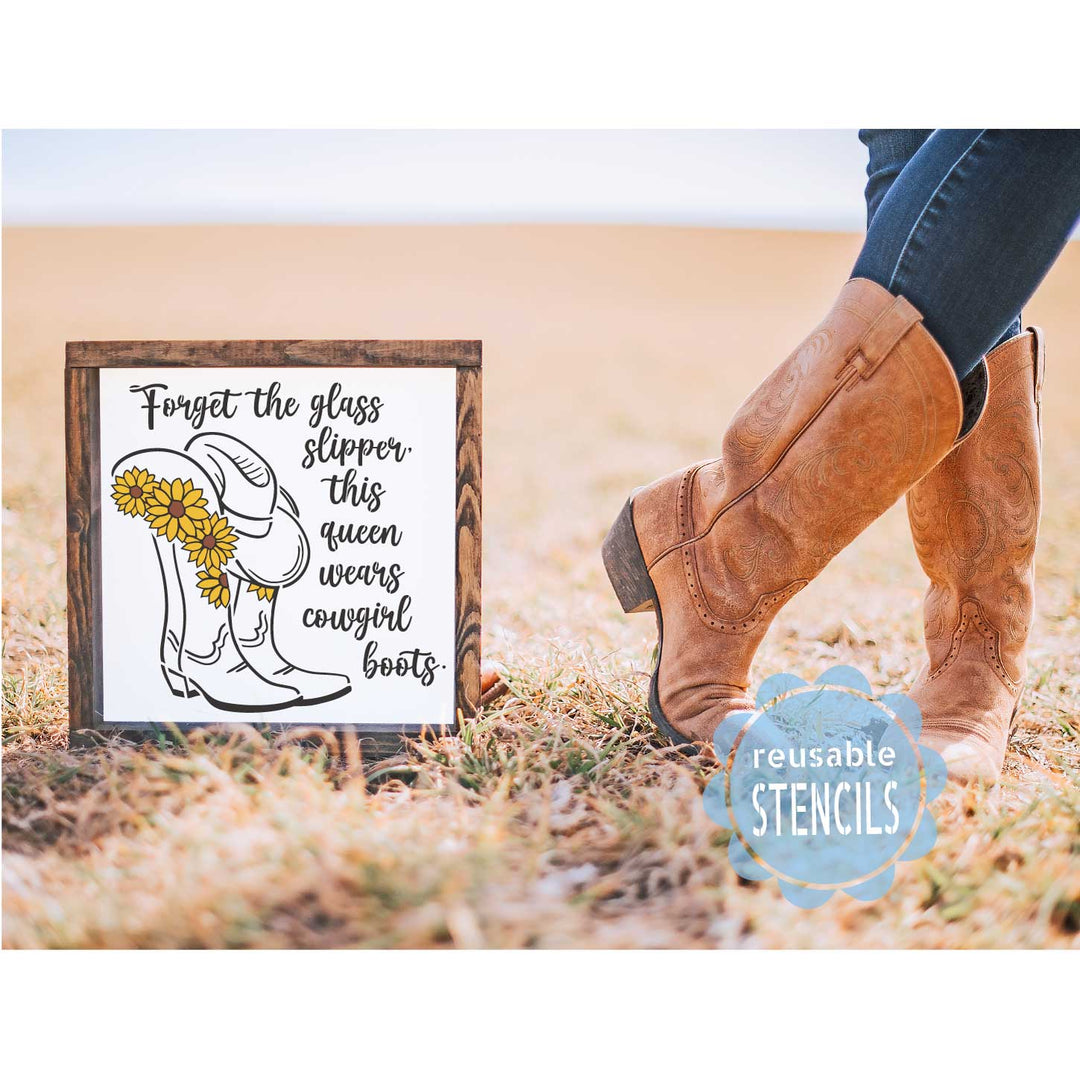 WallCutz  Cowgirl Boots with Sunflowers / Reusable Stencil Stencil