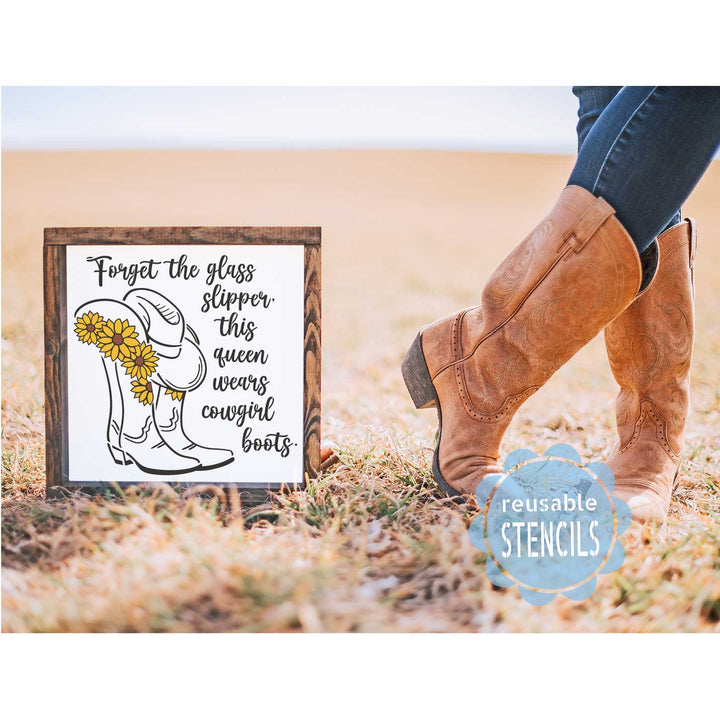 WallCutz  Cowgirl Boots with Sunflowers / Reusable Stencil Stencil