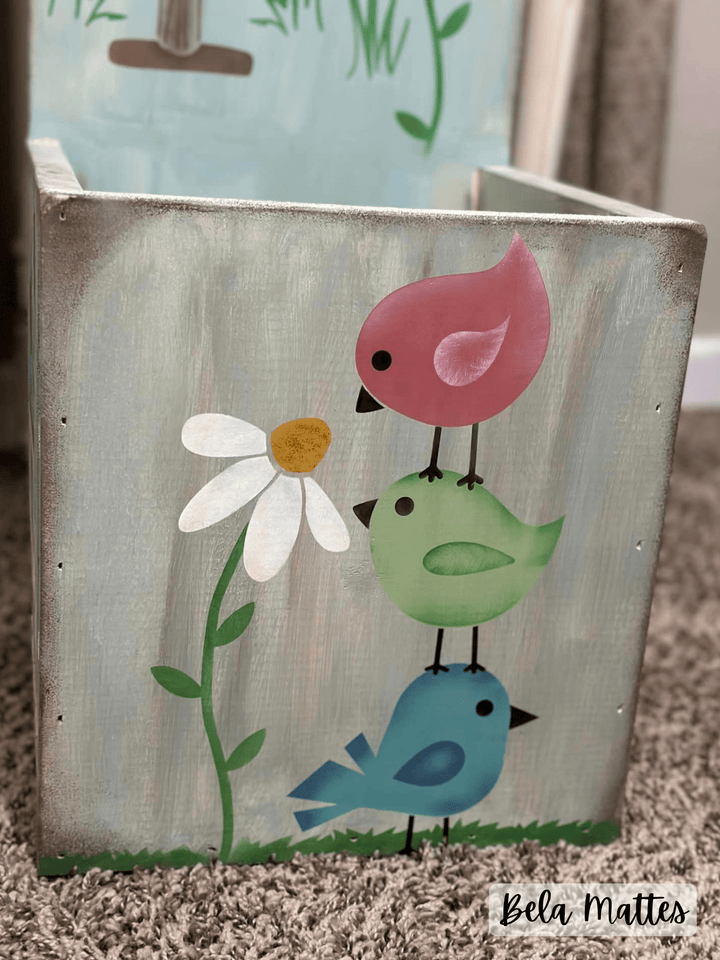 WallCutz  Cute Bird Stack with Daisy Stem / Reusable Stencil Stencil