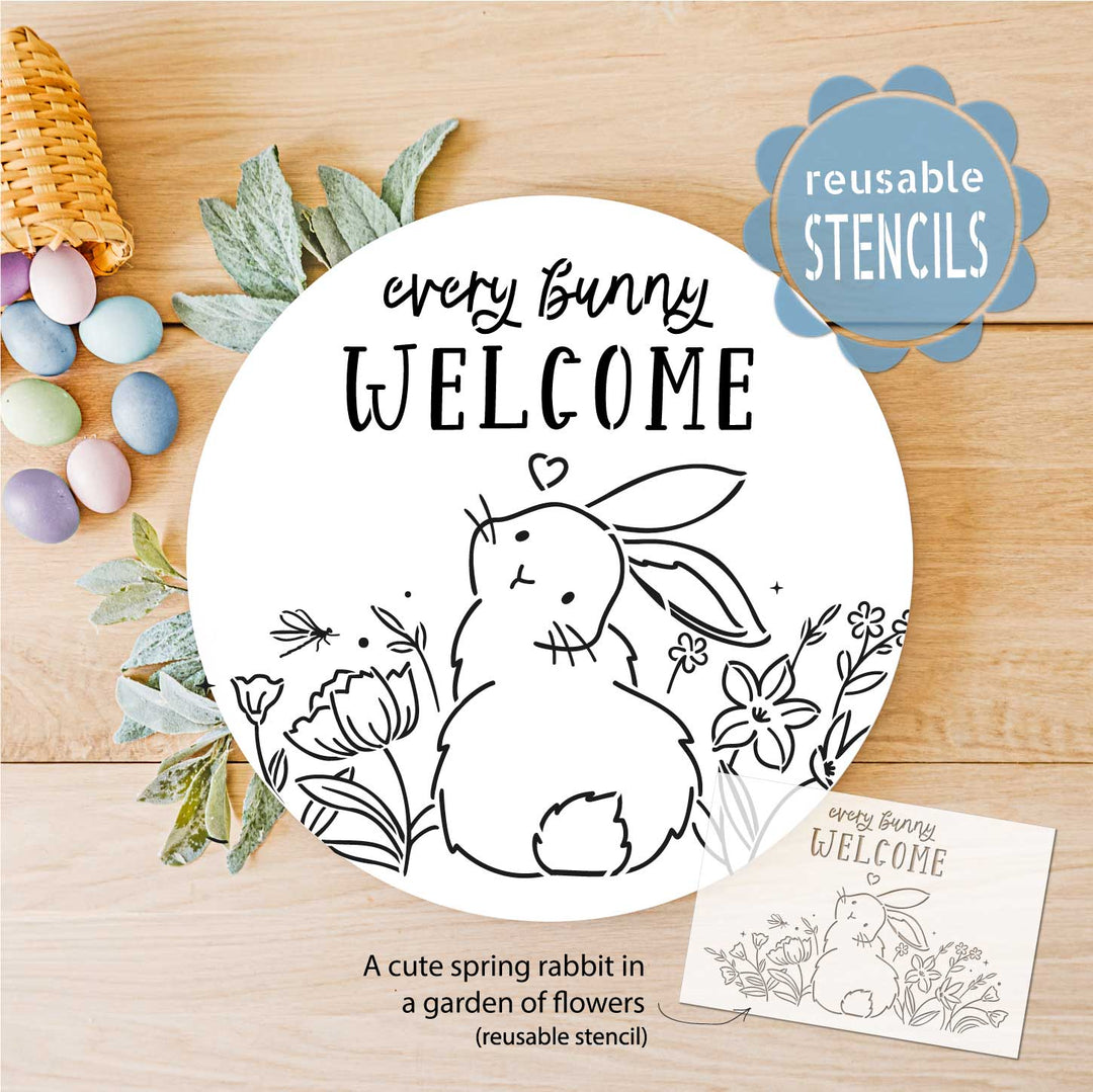 WallCutz  Every Bunny Welcome Stencil with Cute Rabbit in Flower Garden Stencil