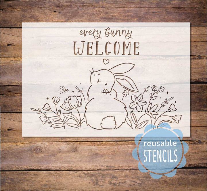 WallCutz  Every Bunny Welcome Stencil with Cute Rabbit in Flower Garden Stencil