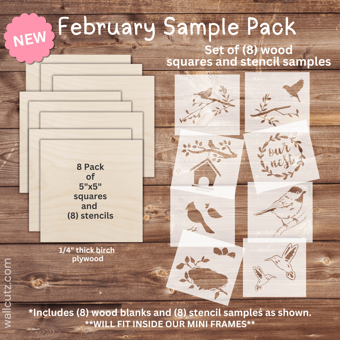 WallCutz  February Sample Pack / 5 x 5" SQUARES with stencils (8pk) Wood Kit