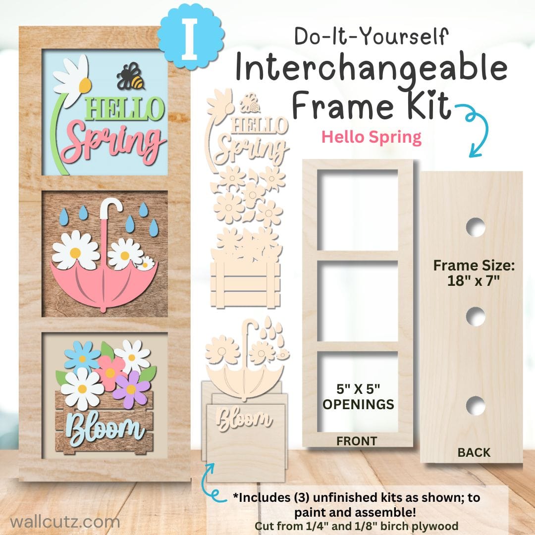 WallCutz  Interchangeable 5" x 5" Kits / Hello Spring Flowers Wood Kit