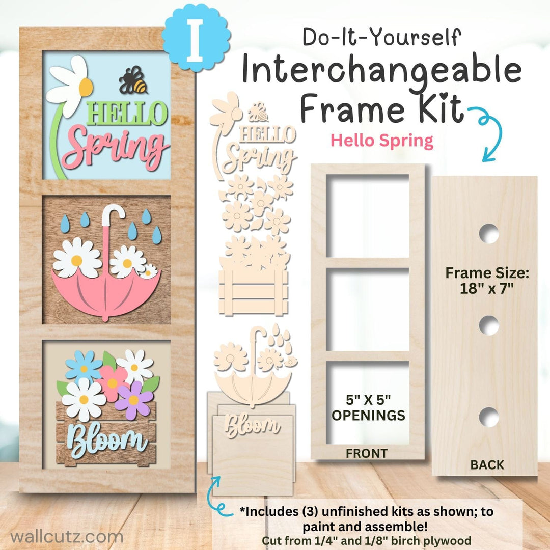 WallCutz  Interchangeable 5" x 5" Kits / Hello Spring Flowers Wood Kit