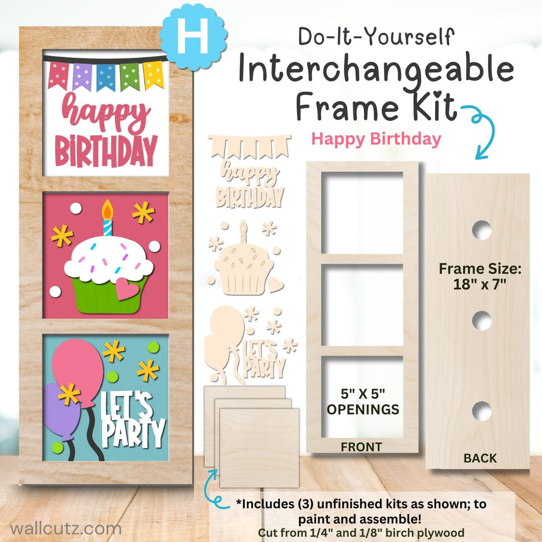 WallCutz  Interchangeable 5" x 5" Kits / Set (H) Happy Birthday Wood Kit