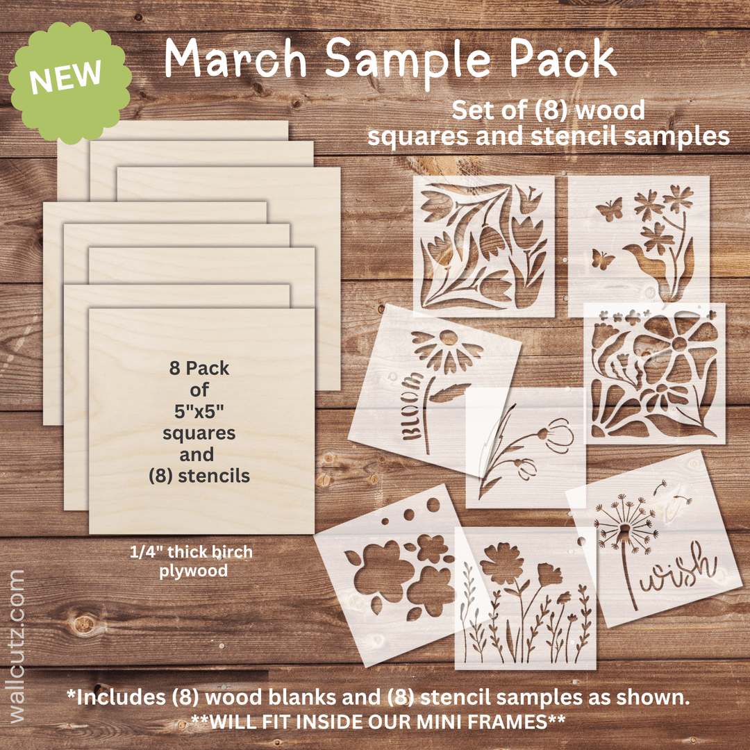 WallCutz  March Sample Pack / 5 x 5" SQUARES with stencils (8pk) Wood Kit