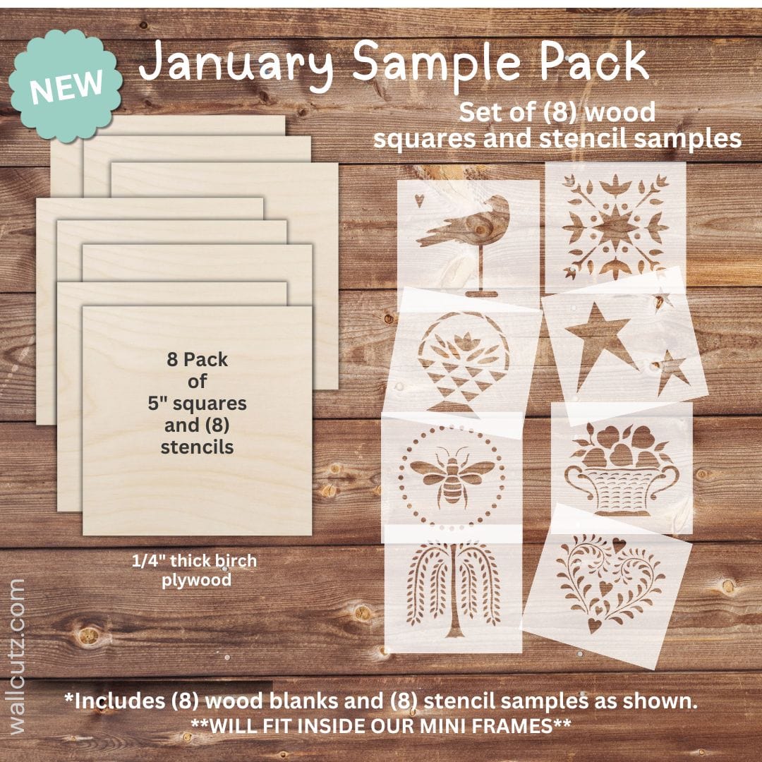 WallCutz  Sample Pack / 5 x 5" SQUARES with stencils / 8pk Wood Kit