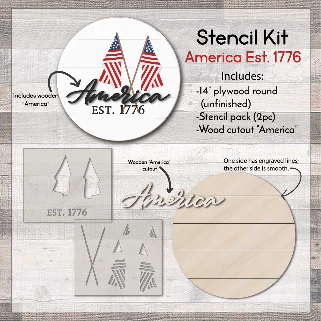 WallCutz  STENCIL KIT with Wood Round / America Est. 1776 Wood Kit