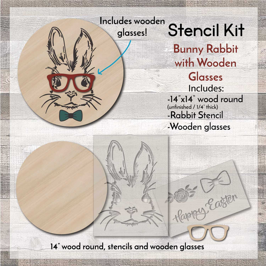 WallCutz  STENCIL KIT with Wood Round / Bunny Rabbit Glasses Wood Kit