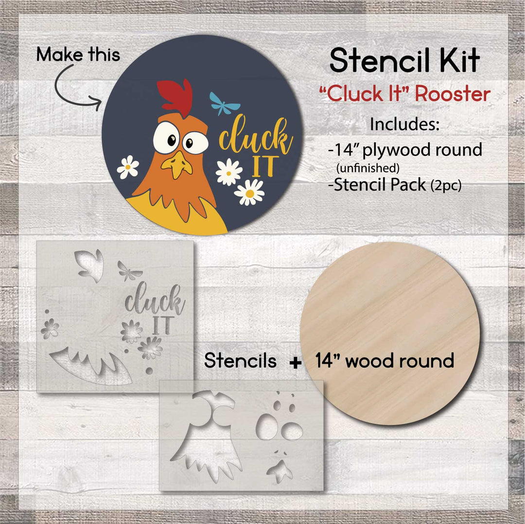 WallCutz  STENCIL Kit with Wood Round / Cluck It Rooster Wood Kit