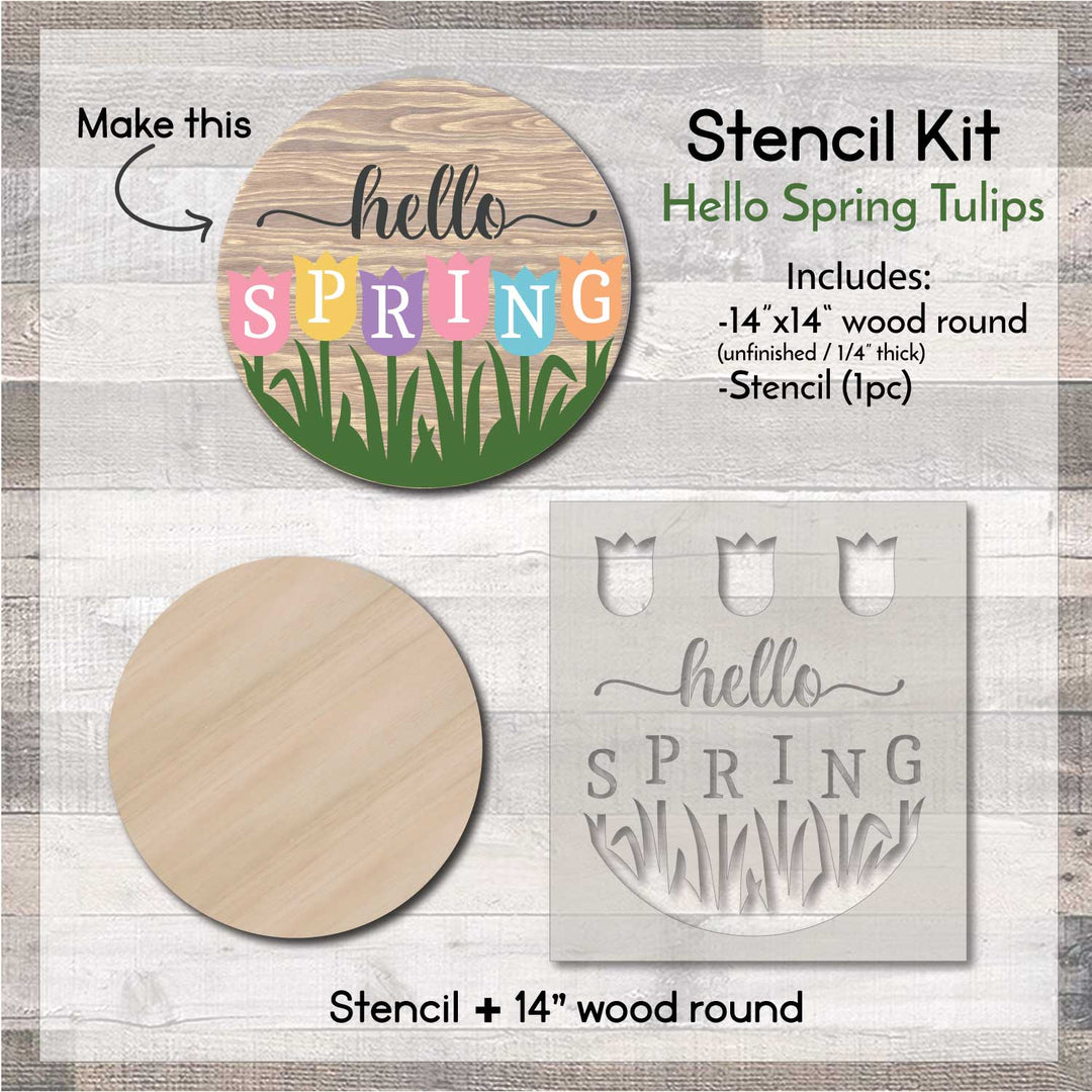 WallCutz  STENCIL KIT with Wood Round / Hello Spring Tulips Wood Kit