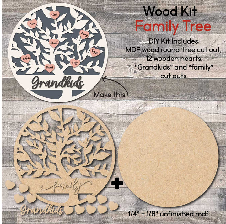 WallCutz  WOOD KIT / Grandkids Tree with hearts Wood Kit