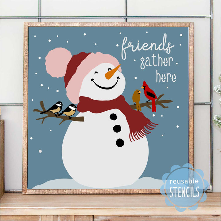 WallCutz  Friends Gather Here / Snowman Bird Friends Stencil Stencil