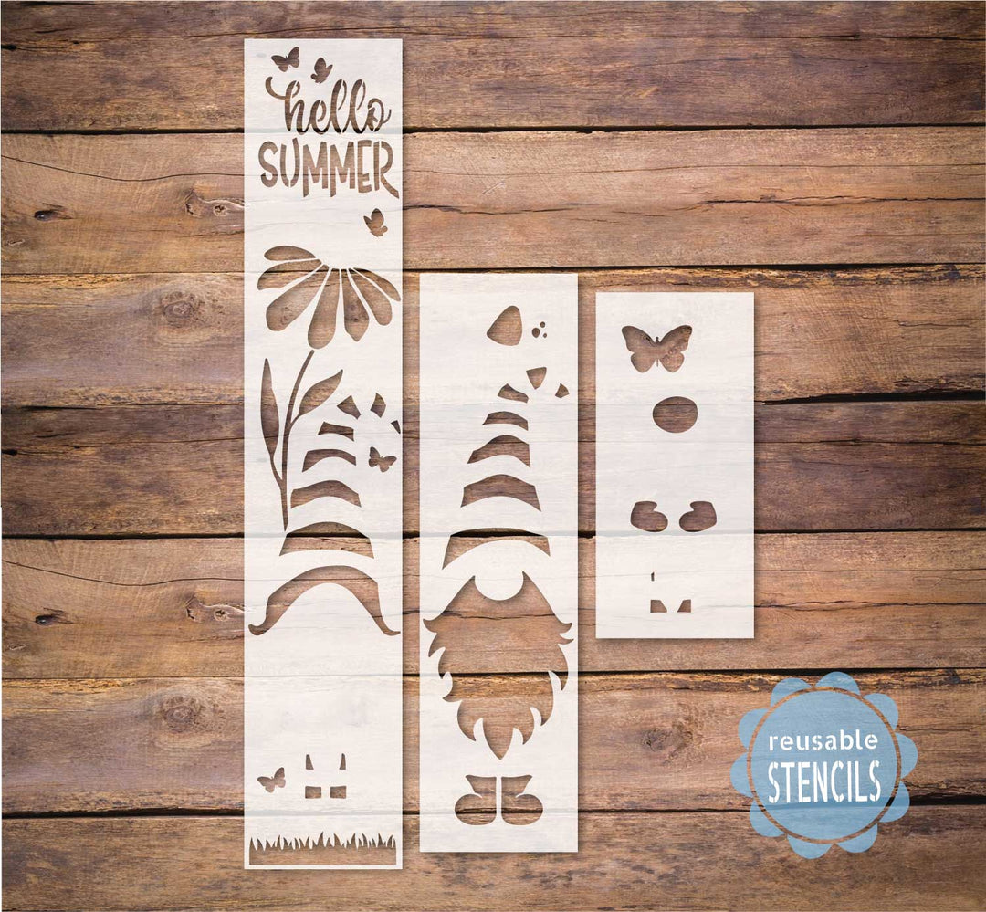 WallCutz  Hello Summer Porch Stencil with Butterfly Gnome Stencil