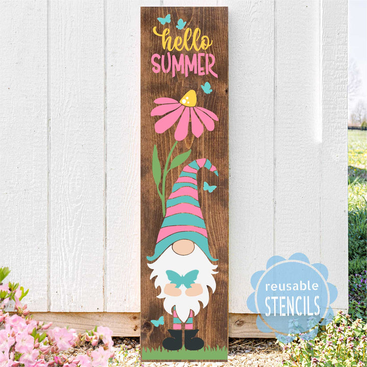 WallCutz  Hello Summer Porch Stencil with Butterfly Gnome Stencil