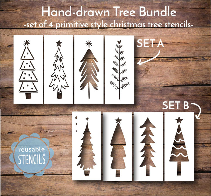 WallCutz  Primitive Hand-Drawn Christmas Tree / 4pk Stencil Bundle Stencil