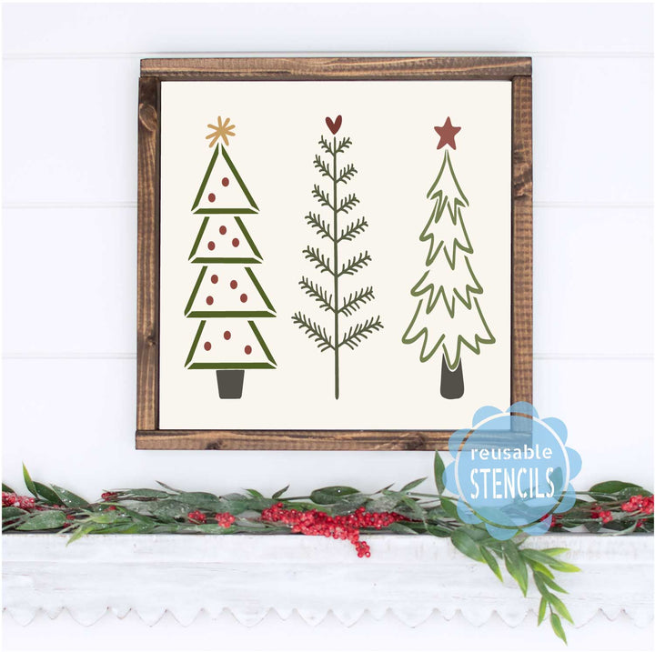 WallCutz  Primitive Hand-Drawn Christmas Tree / 4pk Stencil Bundle Stencil