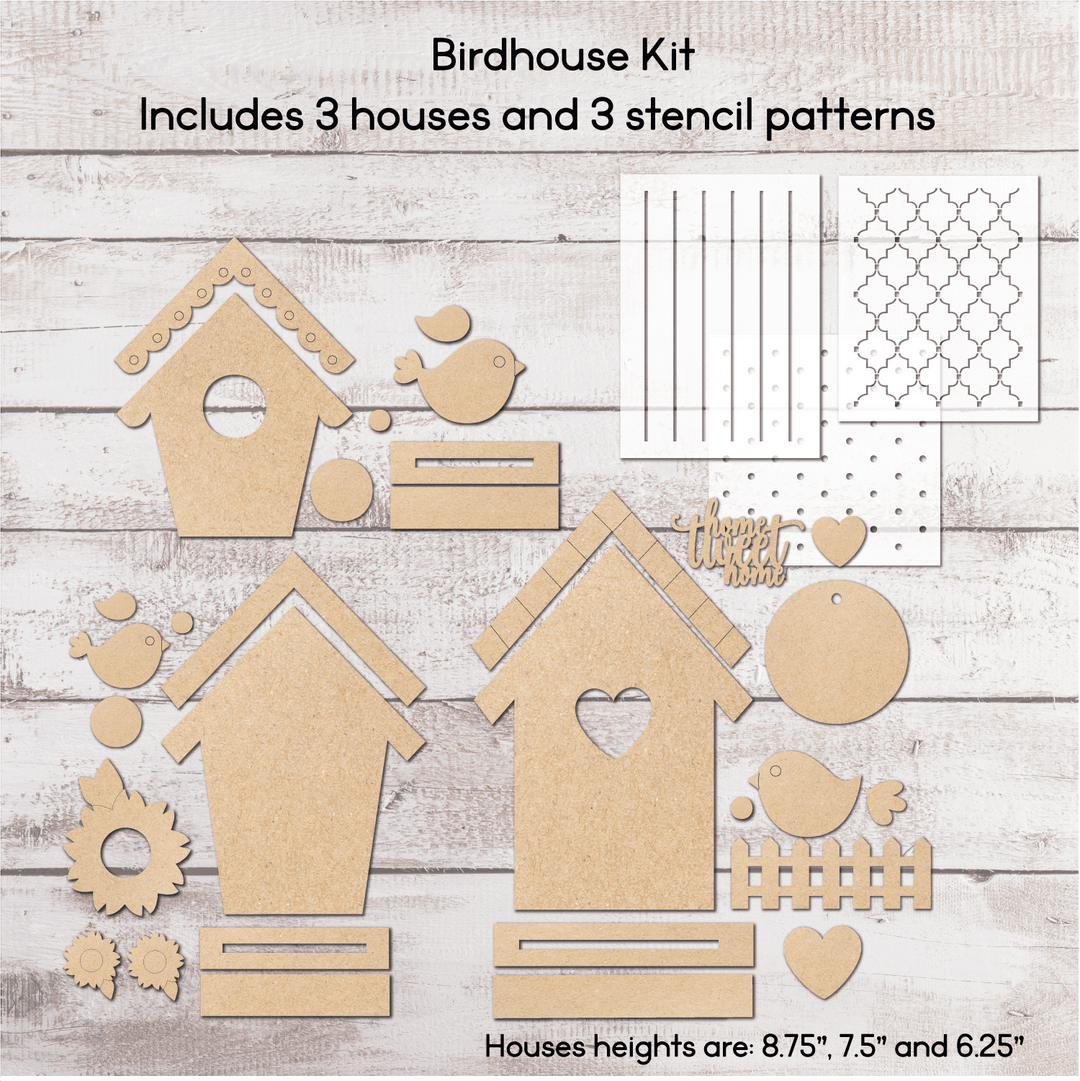 WallCutz  Wooden Birdhouse Kit with stencil pack / Set of 3 Wood Kit