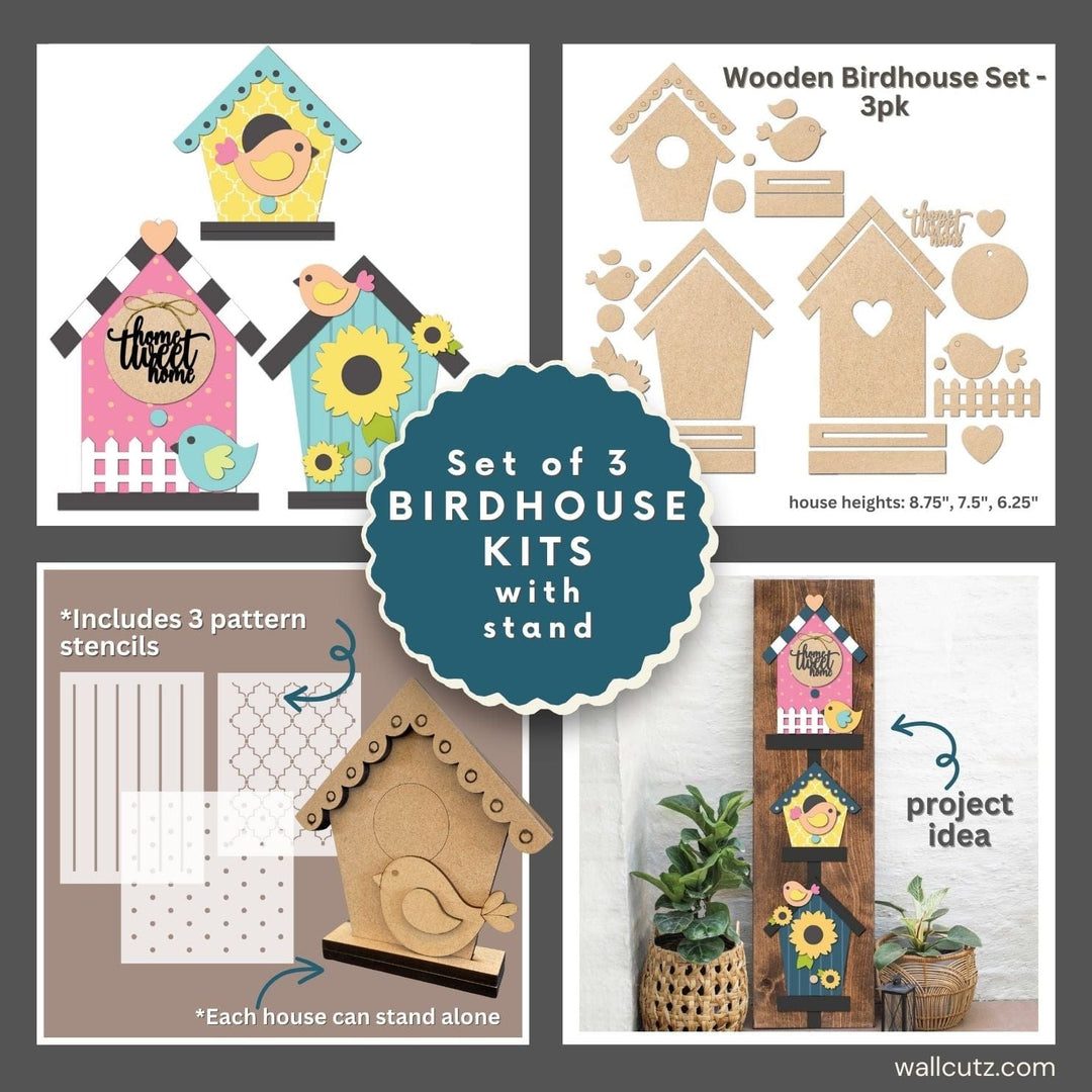 WallCutz  Wooden Birdhouse Kit with stencil pack / Set of 3 Wood Kit