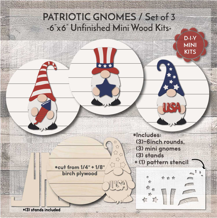 WallCutz  WOOD KIT MINI / Patriotic Gnomes / Set of 3 Wood Kit