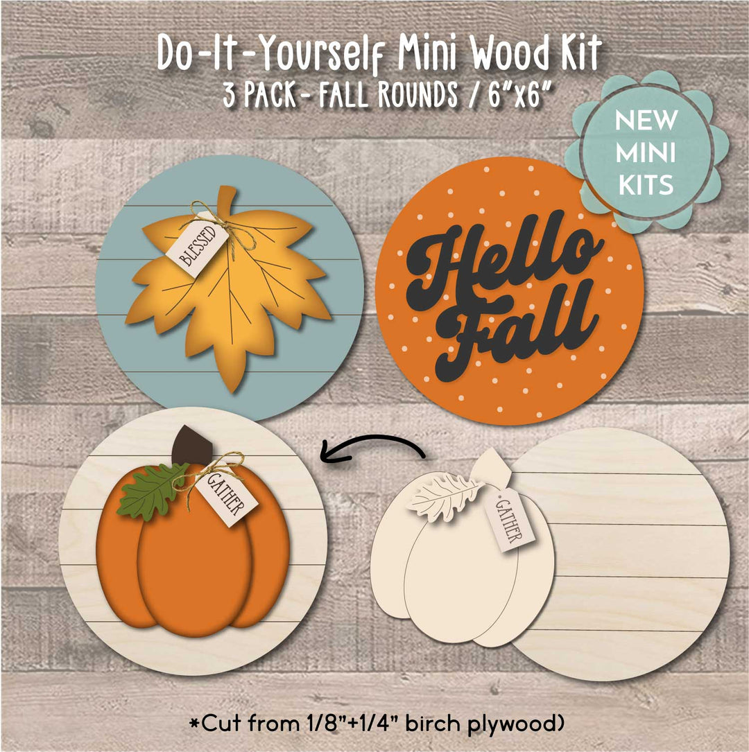 WallCutz  WOOD KIT MINI / Hello FALL ROUND DIY Kits / 3 pack Wood Kit