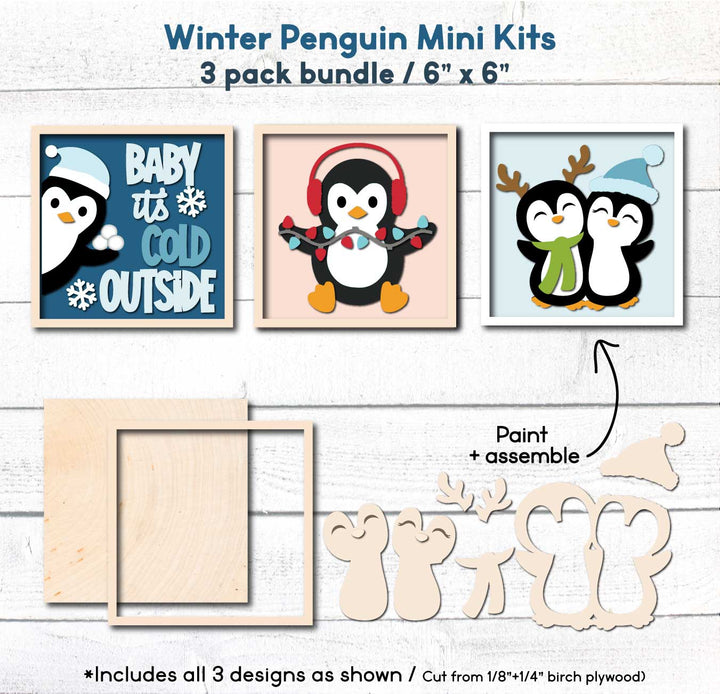 WallCutz  WOOD KIT MINIS / Penguin Trio Baby It's Cold Wood Kit