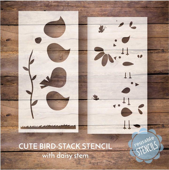 WallCutz  Cute Bird Stack with Daisy Stem / Reusable Stencil Stencil