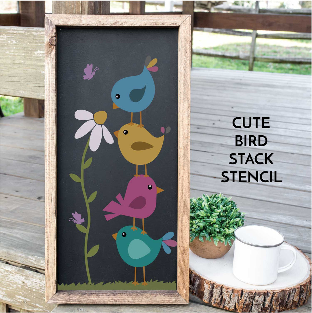 WallCutz  Cute Bird Stack with Daisy Stem / Reusable Stencil Stencil