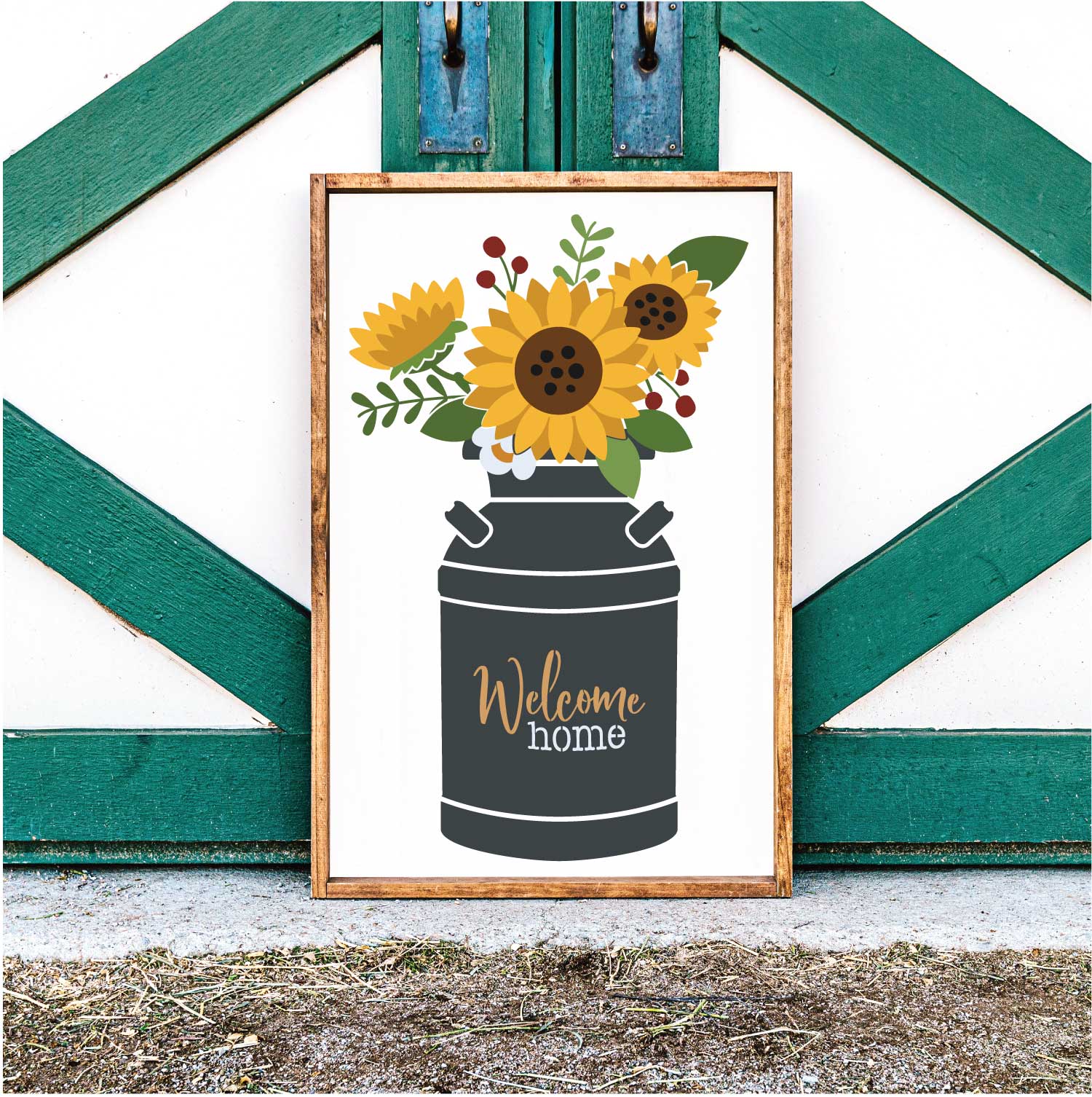 Milk Can with Sunflower Bouquet / Welcome Stencil