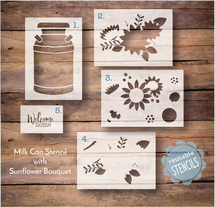 WallCutz  Milk Can with Sunflower Bouquet / Welcome Stencil Stencil