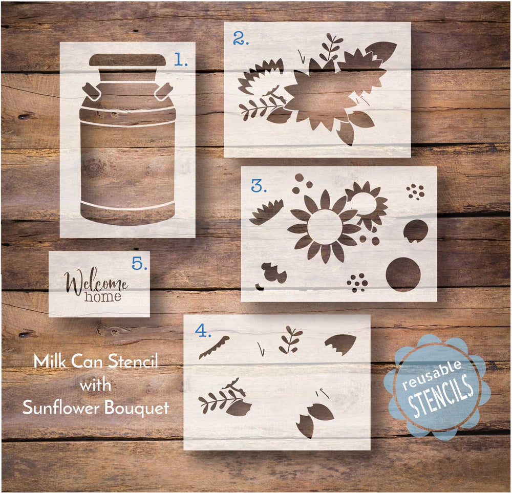 Milk Can with Sunflower Bouquet / Welcome Stencil| WallCutz Crafts