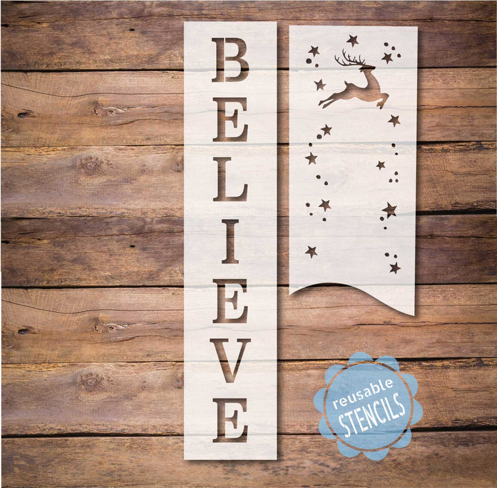 WallCutz  Believe Porch Stencil with Reindeer Stencil