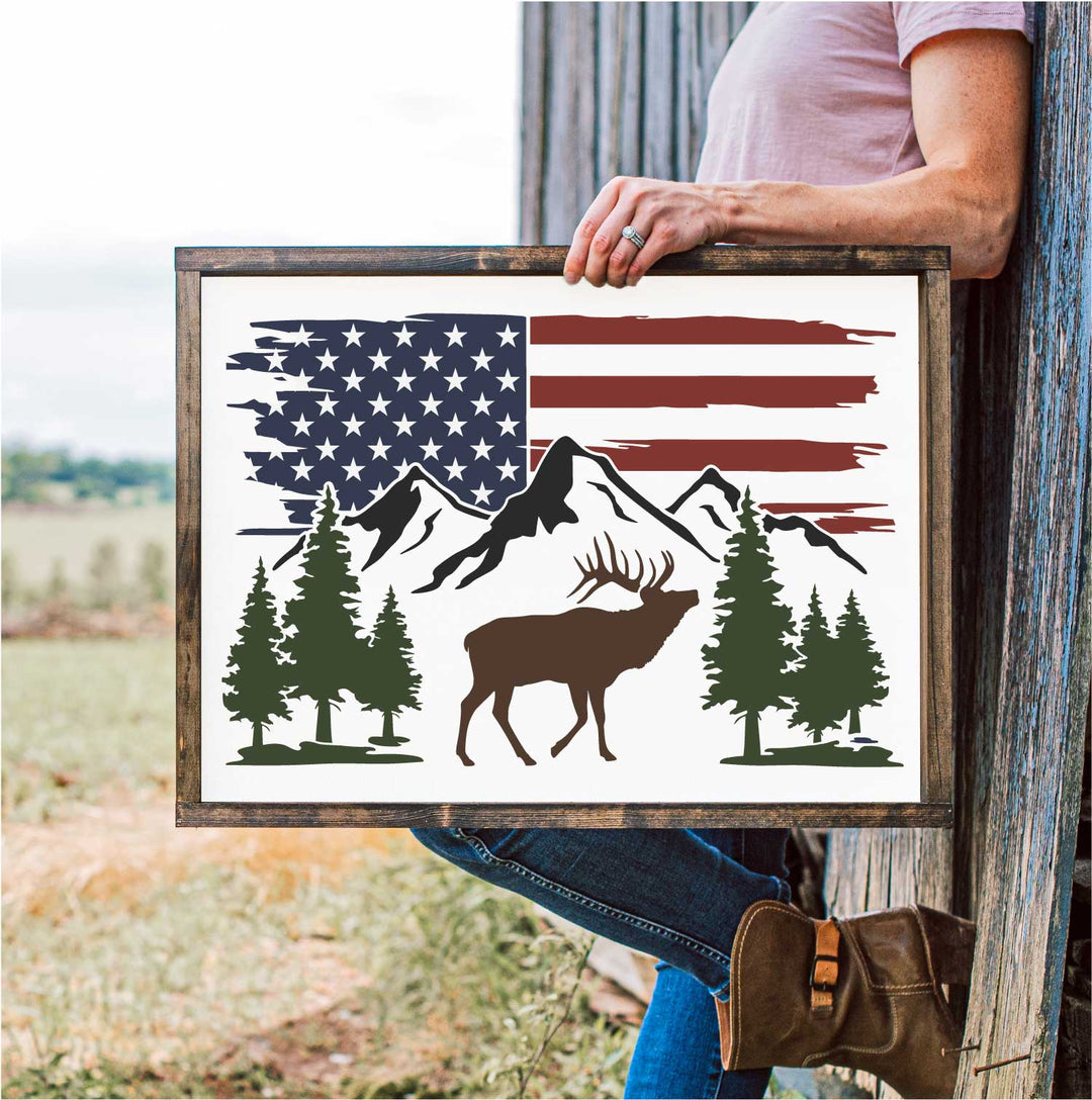 WallCutz  Elk Mountain Scene with American Flag / Stencil Stencil