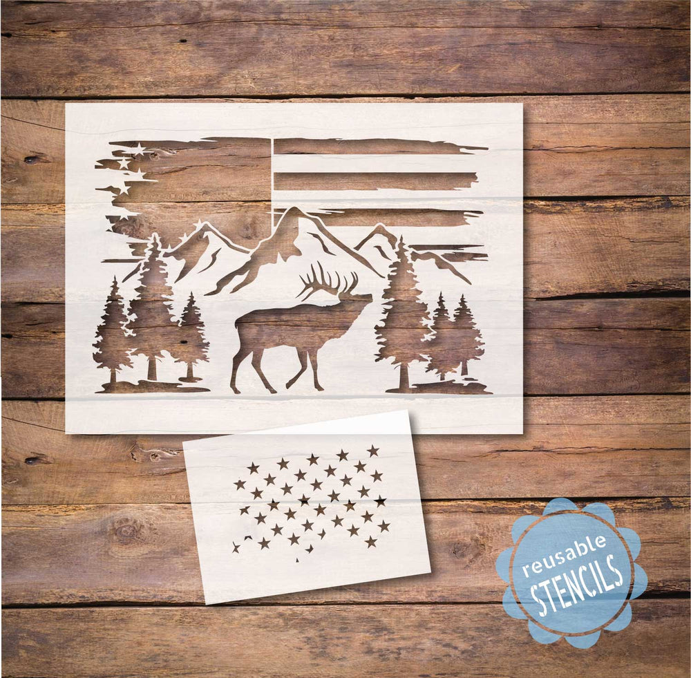 WallCutz  Elk Mountain Scene with American Flag / Stencil Stencil