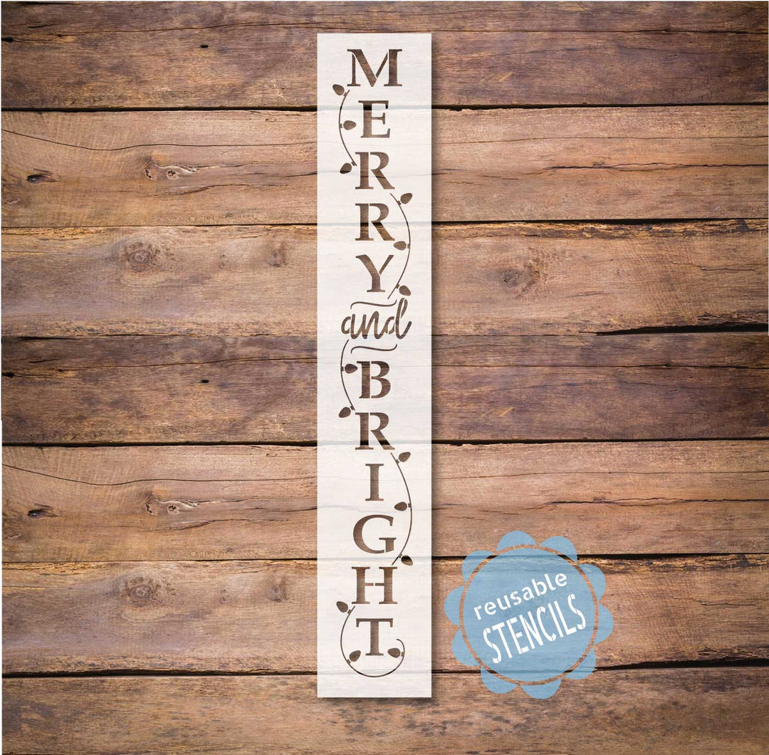 WallCutz  Merry and Bright with Christmas Lights / Holiday Porch Stencil Stencil