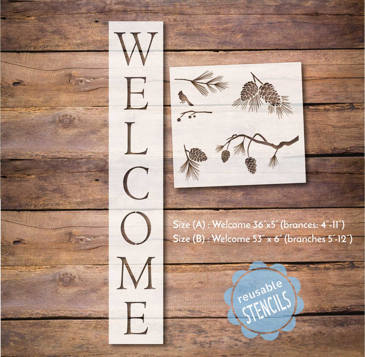 WallCutz  Welcome Pine Cone Branches / Porch Stencil Stencil