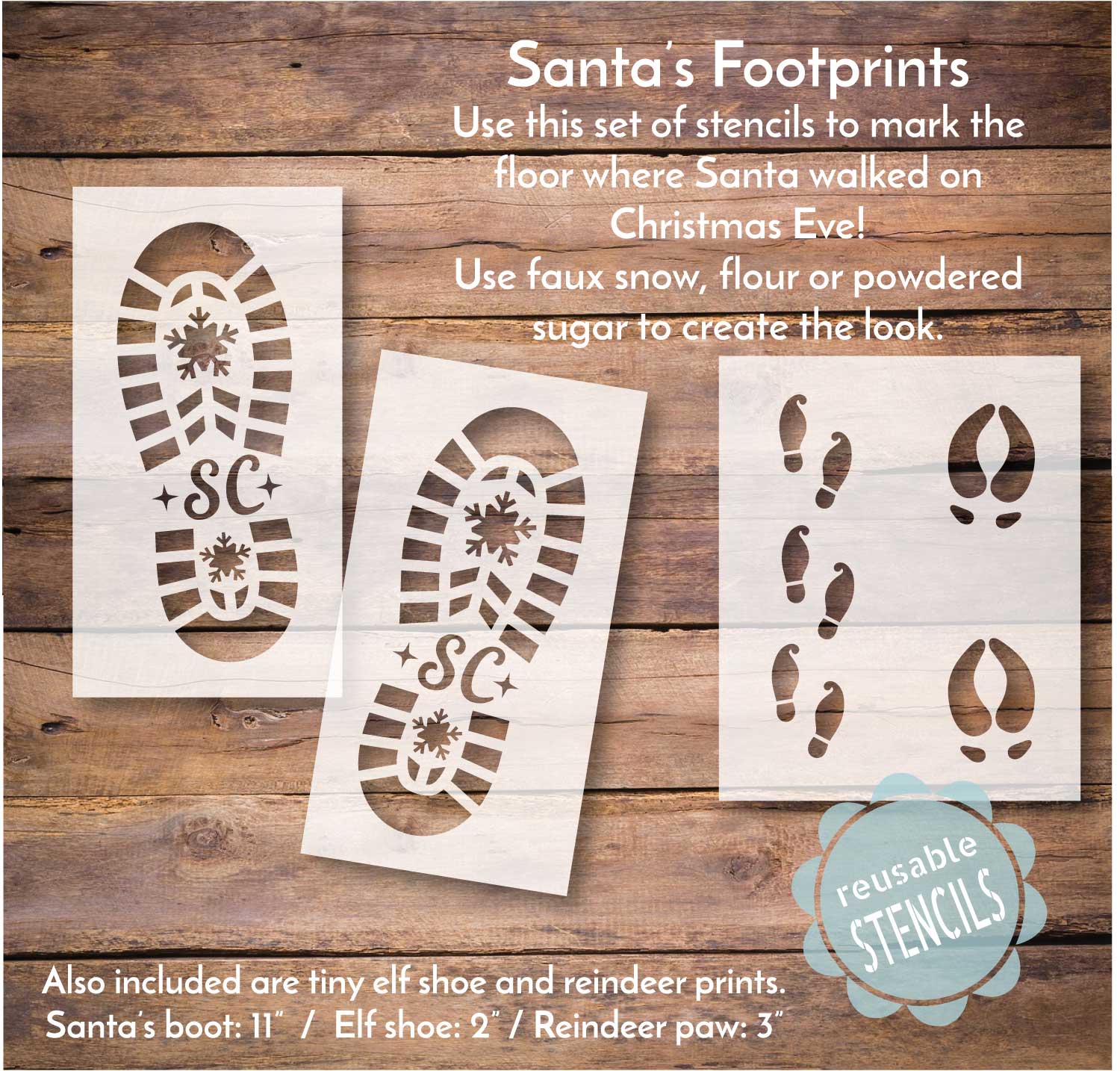Christmas Snow Tracks - Santa Boot Reindeer and Elf Reusable Plastic  Stencils for Floor Wall Window Door Decoration - 4 ct (PG01515) 